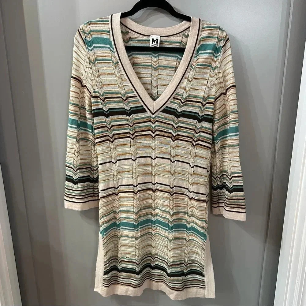 M Missoni Dress Multicolor Knitted V-Neck Long Sleeve Beach Dress Wool Size 8 - Picture 1 of 10